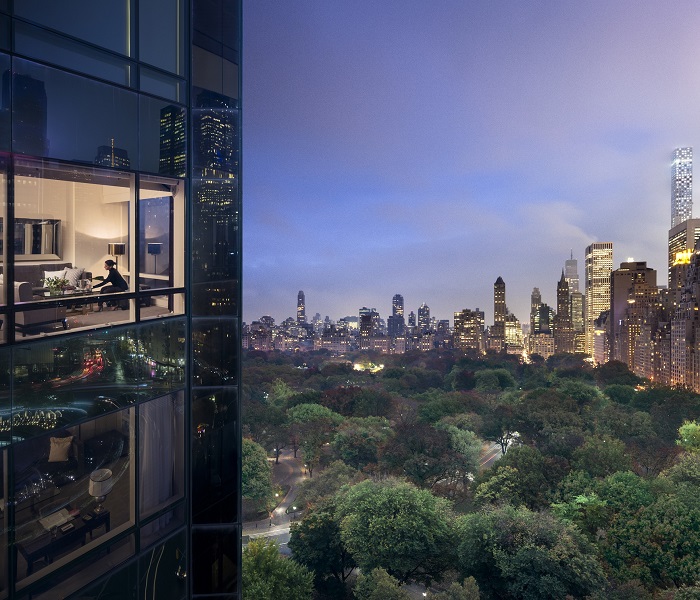 Trump New York exterior with model seen through guestroom window